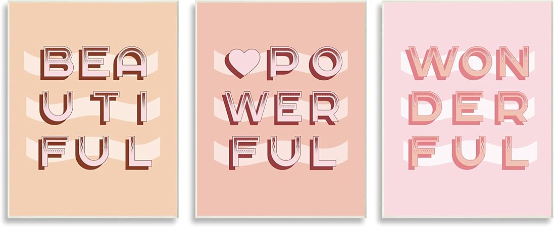 Stupell Industries Beautiful Powerful Wonderful Encouragement Pink White Heart, Designed by Daphne Polselli Wall Plaque, 3pc, Each 10 x 15