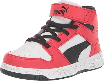 PUMA Rebound Layup Mid Sneaker, Scratch White Black-for All Time Red, 5.5 US Unisex Big Kid