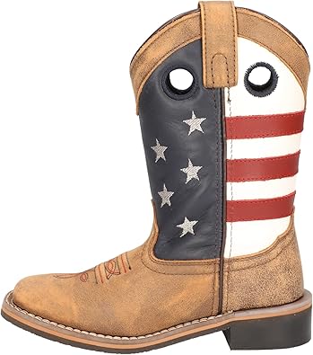 Smoky Mountain Boots | Stars & Stripes Series | Youth Western Boot | Square Toe | Genuine Leather | Rubber Sole & Block Heel | Leather Upper & Tricot Lining | Vintage Brown