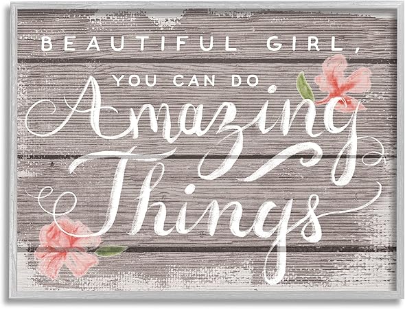 Stupell Industries Beautiful Girl Inspirational Kids Flower Word, Design by Daphne Polselli Gray Framed Wall Art, 24 x 30, Tan