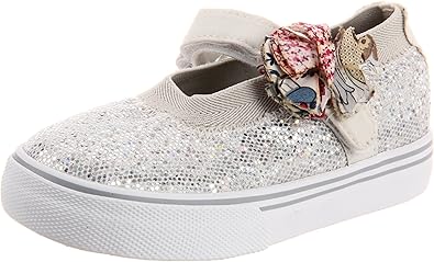 Morgan & Milo Kid's Sparkle Floral Mary Jane Sneaker (Toddler/Little Kid), Silver, 13.5 M US Little Kid