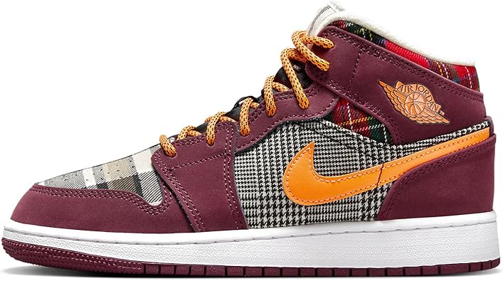 Air Jordan 1 Mid SE Big Kids' Shoes (FD5460-608, Night Maroon/Black/White/Total Orange)