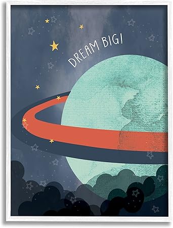 Stupell Industries Dream Big Retro Green Space Planet with Rings, Designed by Daphne Polselli White Framed Wall Art, 24 x 30, Blue