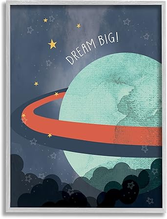 Stupell Industries Dream Big Retro Green Space Planet with Rings, Designed by Daphne Polselli Gray Framed Wall Art, 11 x 14, Blue