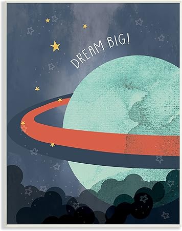 Stupell Industries Dream Big Retro Green Space Planet with Rings, Designed by Daphne Polselli Wall Plaque, 10 x 15, Blue