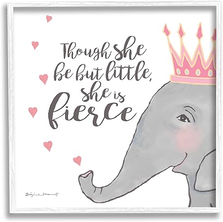 Stupell Industries She is Fierce Phrase Girls' Princess Elephant Pink, Designed by Stephanie Workman Marrott White Framed Wall Art, 12 x 12