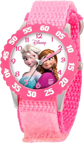 Disney Frozen Analog Watch, Time Teacher for Kids and Toddlers, Pink Bezel & Nylon Strap Watch