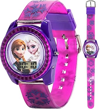 Accutime Disney's Frozen Kids' Digital Watch with Elsa and Anna on the Dial, Purple Casing, Comfortable Pink Strap, Easy to Buckle, Safe for Children - Model: FZN3598