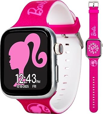 Barbie Touchscreen Smartwatch for Girls with Pink Glitter Silicone Strap and Customizable Watch Faces, Digital Camera, and Activity Tracker