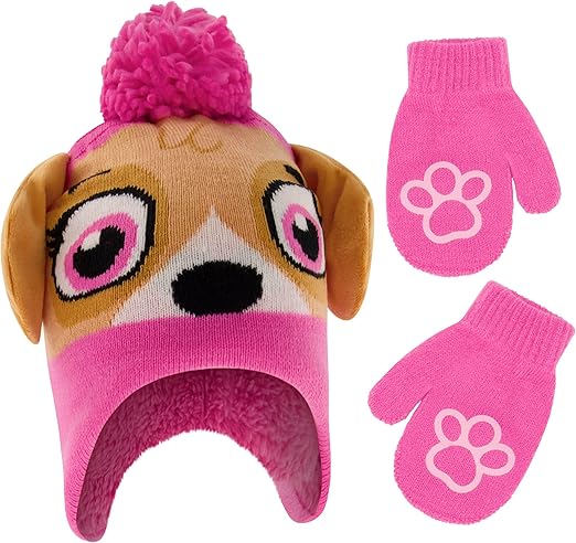 Nickelodeon girls Winter Hat and Mittens Set, Paw Patrol's Marshall, Chase and Skye Toddler Beanie for Ages 2-4