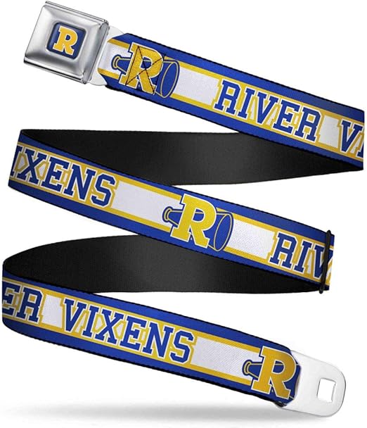 Riverdale Belt, Seatbelt Buckle Belt, River Vixens Cheer Logo Stripe Blue White Yellow, Adjustable