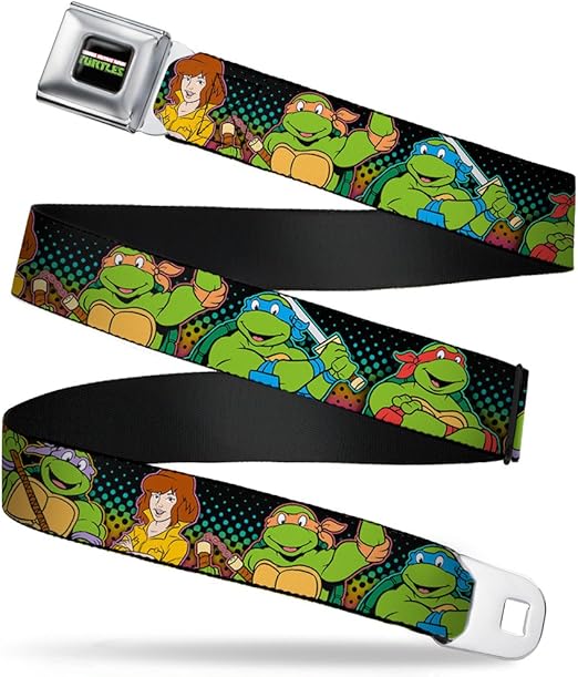 Nickelodeon Seatbelt Buckle Belt, TMNT Logo Turtles April Pose Halftone