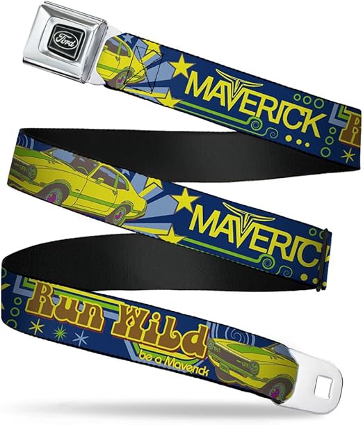 Buckle-Down Seatbelt Belt - Vintage Ford MAVERICK-RUN WILD BE A MAVERICK Blues/Yellows - 1.0