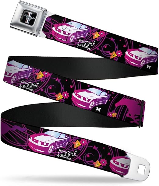 Buckle-Down Seatbelt Belt - Mustang Silhouette/PONY GIRL/Flowers Black/Fuchsias - 1.0