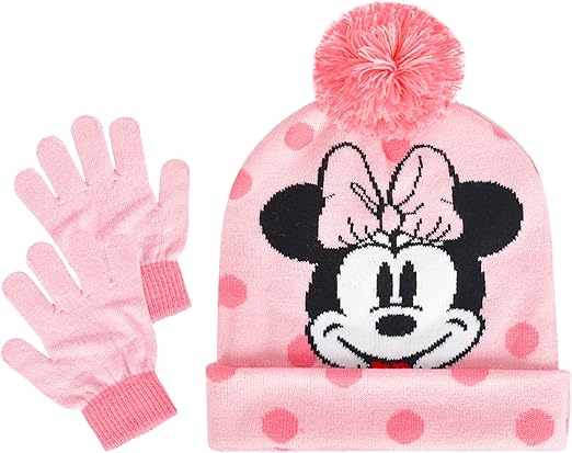 Concept One girls Disney Minnie Mouse Kids Double Pom Cuffed Beanie Hat and Gloves Set