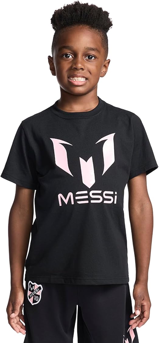 Messi Boys' Lifestyle Short Sleeve T-Shirt, Standard Fit Logo Tee, Cotton Blend Fabric