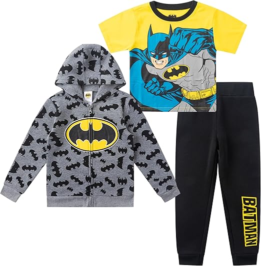 Warner Bros. Batman Boys Zip Up Hoodie, T-Shirt and Sweatpant Set for Toddlers and Little Kids