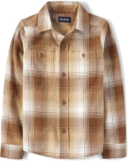 The Children's Place Boys' Long Sleeve Flannel Button Up Shirt, Spruce Plaid, X-Large