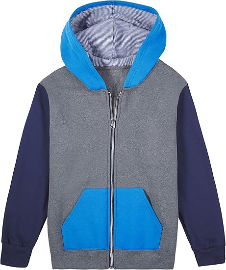 Fruit of the Loom Boys' Fleece Full Zip Hoodie Sweatshirt, Charcoal Heather/Ghost Pacific Blue/Times Square Navy Stripe, Large