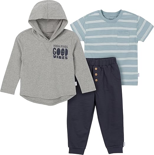 Gerber boys Toddler Boys' 3-piece Top, Hooded Top and Jogger Set