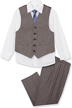 Van Heusen Boys' 4-Piece Formal Suit Set, Vest, Pants, Collared Dress Shirt, and Tie, Major Brown/White, 5T