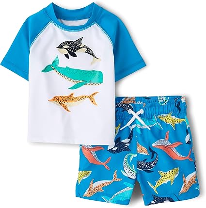 The Children's Place Boys' and Toddler Swim Trunk and Short Sleeve Rashguard 2-Piece Set