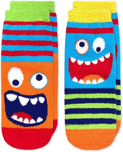 Jefferies Socks Boy's Monster Fuzzy Non-Skid Slipper Socks 2 Pack