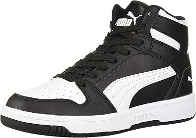 PUMA Rebound Layup Mid Sneaker, Black White, 4 US Unisex Big Kid