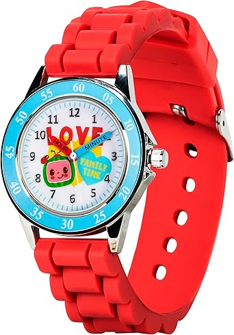 Accutime CoComelon Kids Analog Watch with Time Teaching Hands, Red Silicone Strap, Easy-Read Dial, Kid-Tough Design, Perfect Learning Tool for Children Ages 3-7