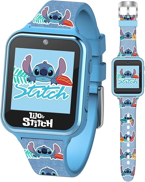 Disney Stitch Kids Smart Watch with 10 Customizable Faces, Camera, Voice Recorder, Calculator, and Step Counter – Touchscreen Interactive Watch for Kids – Blue Silicone Strap