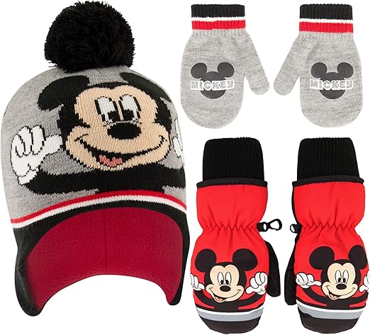 Disney Boys Toddler Winter Hat with Knit Mittens and Insulated Ski Mitten Set, Mickey Mouse For Age 2-4