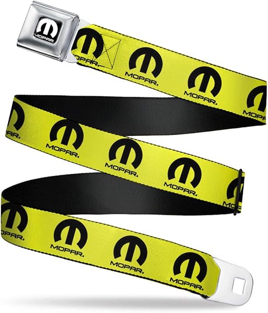 Mopar Belt, Seatbelt Buckle Belt, Mopar Logo Repeat Yellow Black, 44 to 63 Inches