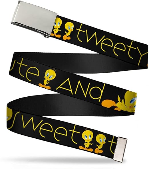 Buckle-Down Big Web Belt Tweety, Tweety Bird Poses Cute and Sweet Black/Yellow