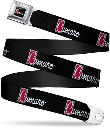 Buckle-Down Seatbelt Belt - 1972 CAMARO Script Emblem Black/Silver/Reds - 1.0