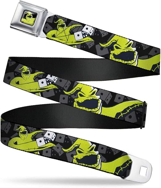 Disney Belt, Seatbelt Buckle Belt, Oogie Boogie Rolling Dice Pose Dice Black Grays Lime Green, Adjustable