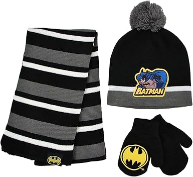 Disney Disney Boys' Winter Accessory Hat and Mittens, Batman Toddler Beanie for Ages 2-4, Scarf Set-Black/Grey/Yellow