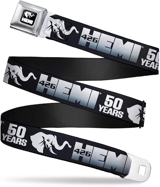 Hemi Belt, Seatbelt Buckle Belt, Hemi 426 Elephant Logo 50 Years Black White Silver Fade, Adjustable