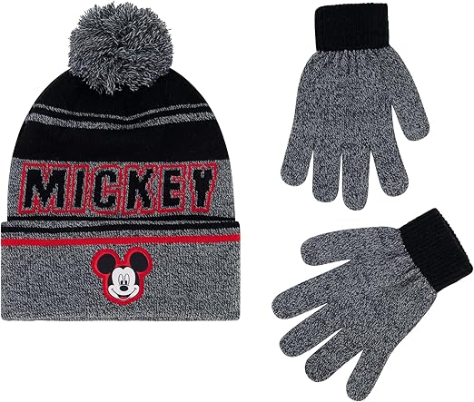 Disney Mickey Mouse Beanie Hat and Gloves Set, Boys Cuffed Knitted Winter Cap with Pom and Matching Mittens, Grey, One Size