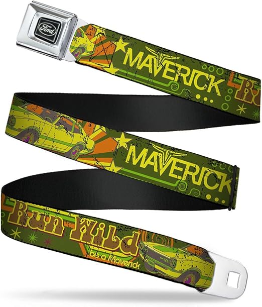 Buckle-Down Seatbelt Belt - Vintage Ford MAVERICK-RUN WILD BE A MAVERICK Greens/Yellows - 1.0