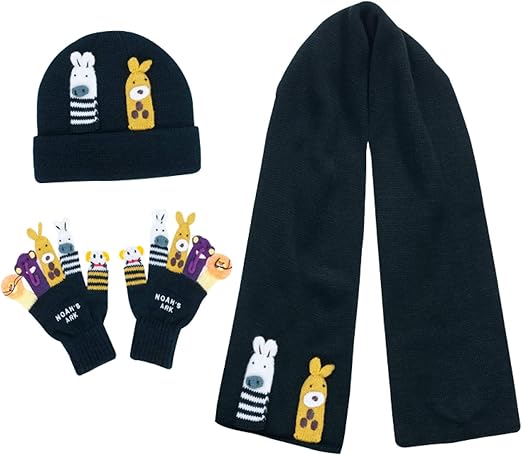 Kidorable Black Noah's Ark Soft Knit Hat/Scarf/Glove Set With Five Fun Puppet Animals