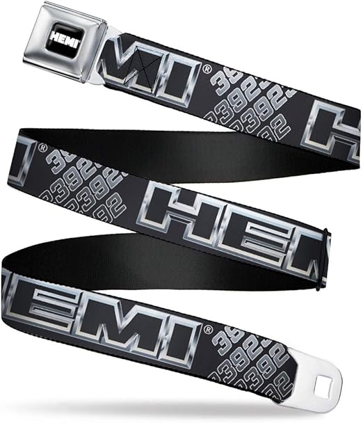 Buckle-Down Hemi Belt, Seatbelt Buckle Belt, Hemi Bold Outline 392 426 Black Silver Fade, Mens Womens Kids Adjustable