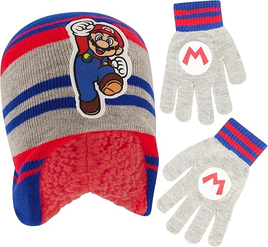 Nintendo boys Winter Hat and Kids Gloves Set, Super Mario Beanie for Ages 4-7Kids Winter Hat