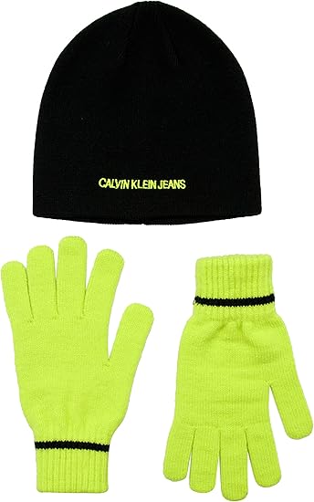 Calvin Klein boys Embroidered Ck Beanie and Glove Set, Acid Lime