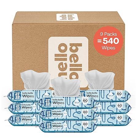 Hello Bello Extra Gentle Unscented Baby Wipes - Plant Based - Made with 99% Water and Aloe for Babies and Kids - 60 Count (Pack of 9) Total 540 Count