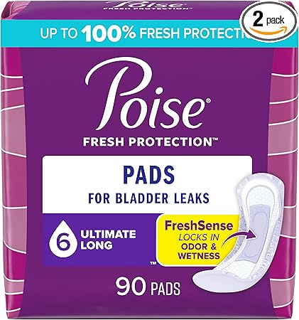 Poise Incontinence Pads & Postpartum Incontinence Pads, 6 Drop Ultimate Absorbency, Long Length, 90 Count, Packaging May Vary