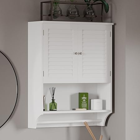 Lavish Home Wall-Mounted Bathroom Organizer - Medicine Cabinet or Over-The-Toilet Storage with Stylish Shutter Doors and Towel Bar (White)