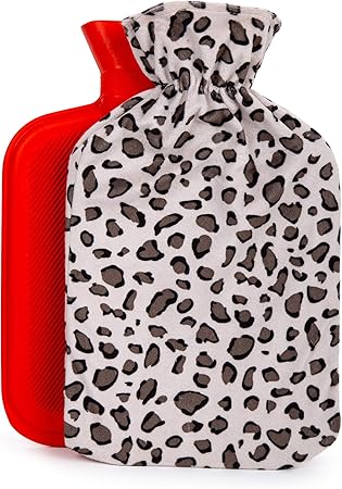 Bodico Hot Water Bottle with Cover, Rubber Heating Pad for Period Cramp Relief, Muscle Pain Relief, and More, Hot Water Bag for Fall Winter Season, Cute Leopard Print, 1.7 L