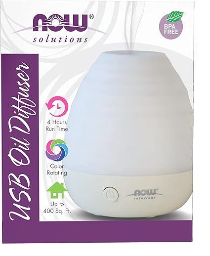 NOW Essential Oils, Ultrasonic USB Aromatherapy Oil Diffuser, Extremely Quiet, Heat Free, and Easy to Clean, Color Changing LED Diffuser