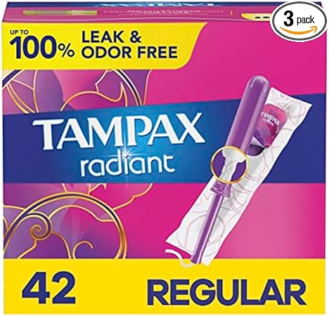 Tampax Radiant Tampons Light Absorbency with BPA-Free Plastic Applicator and LeakGuard Braid, Unscented, 28 Count x 3 Pack (84 Count Total)