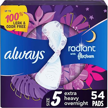 Always Radiant Overnight Feminine Pads for Women, Size 5 Extra Heavy Nighttime, with Wings, Scented, 54 ct